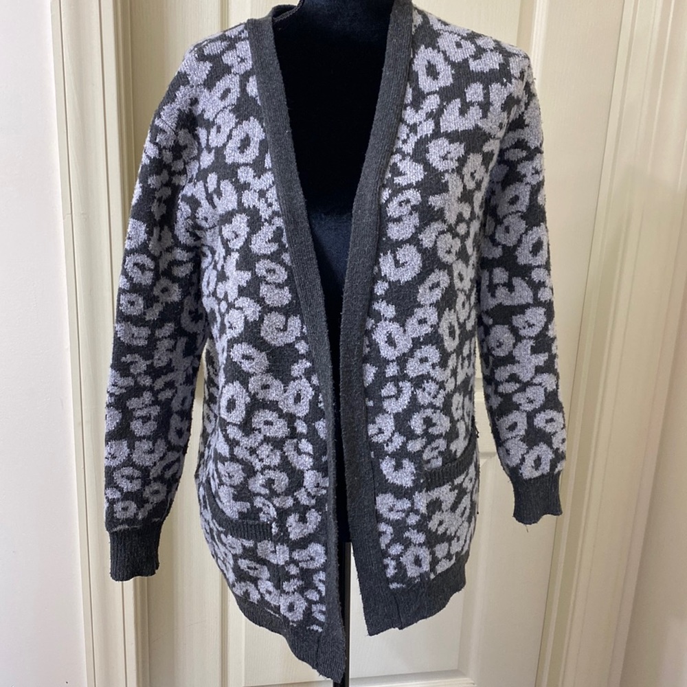 Gray Sweater Leopard Print Cardigan